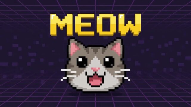 Retro 8-bit pixel art animation featuring cute kitten face and meow text in vintage video game style with vibrant digital aesthetic for creative graphic design projects