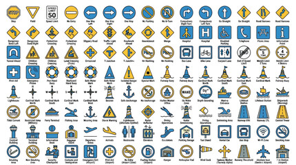 A comprehensive collection of various international traffic, maritime, and aviation navigation symbols and signs. © putra