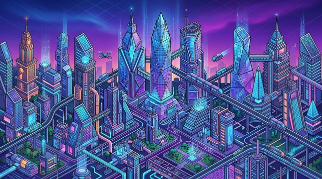 Futuristic isometric cyberpunk city with neon glowing skyscrapers and advanced transportation system