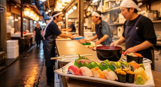Sushi chefs preparing food