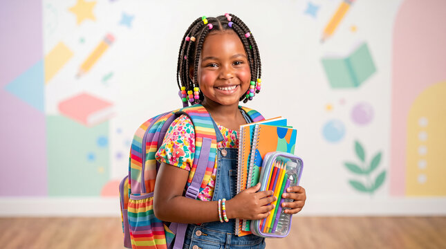 Happy girl with colorful backpack holds books