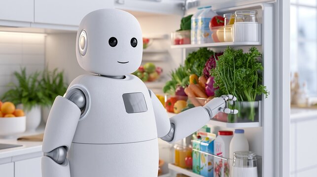 Sleek robot organizes fresh food in modern Scandinavian kitchen refrigerator Generative AI