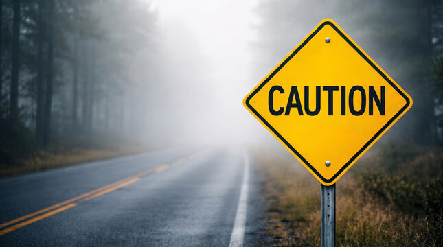 Yellow Caution Warning Road Sign on Foggy Forest Highway, Safety Alert, Hazard Awareness and Dangerous Driving Conditions