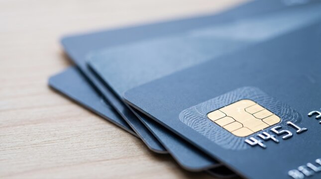 Multiple modern credit cards are stacked, showcasing the EMV chip technology for secure digital transactions. This symbolizes advanced financial processing and consumer convenience.