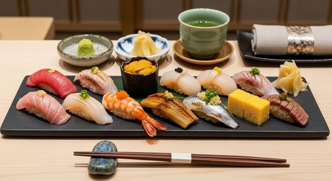 Sushi platter and tea