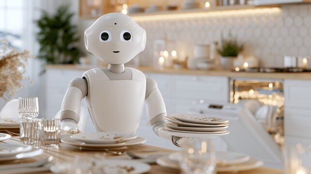 Sleek white household robot clears the dining table in a bright Scandinavian kitchen during an evening routine Generative AI