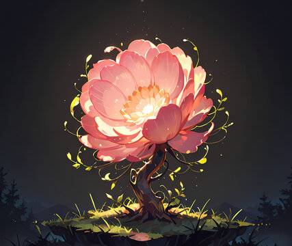 Glowing Magical Pink Flower Tree Illustration in Dark Fantasy Forest