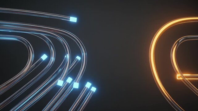 透明な管の分岐を青い光が進み橙色へ集約するAI業務自動化の3D映像