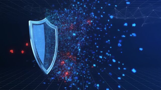 透明な盾が赤い脅威粒子から青いデータを守るサイバーセキュリティ映像
