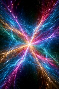 Visualizing a collision of subatomic particles with colorful trails and energy in a dark background of a particle detector Generative AI