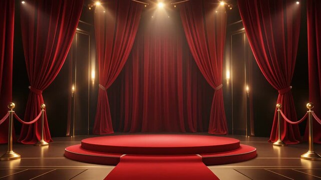 赤いカーペットと深紅のカーテンを金色の照明が照らす無人の舞台映像