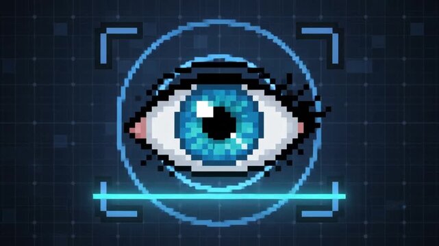 Retro 8-bit Pixel Art Blue Eye Biometric Icon Digital Scanning Graphic with Cyber Security Iris Recognition Interface for Gaming and Technology Background