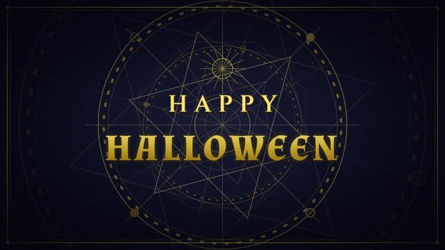 Happy Halloween text animation with golden mystical geometric symbols on dark background
