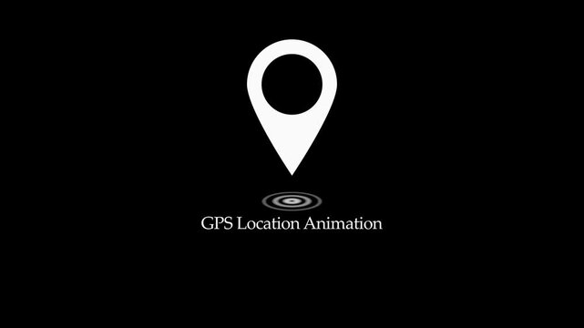 Animated white GPS location pin icon with pulsing radar on black background for navigation map placement position tracking and app UI UX design.