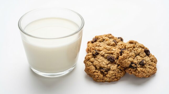 Glass of milk and oatmeal raisin cookies isolated on white background