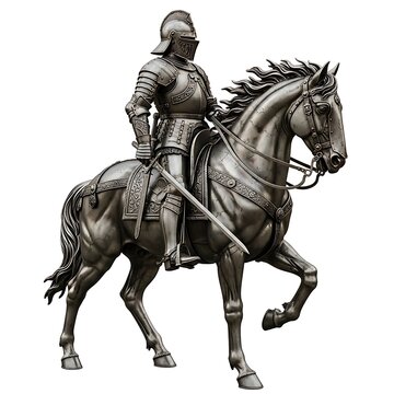 Detailed silver statue of a medieval knight in full armor on horse