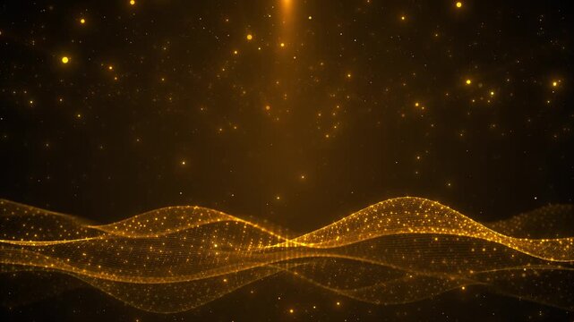 Glowing amber ribbons ripple over black space as floating dust and lights create depth. Seamless abstract footage supports gala intros, celebration screens, product reveals, and refined presentations.