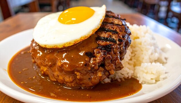 Hawaiian Loco Moco with Rich Gravy Close Up Shot