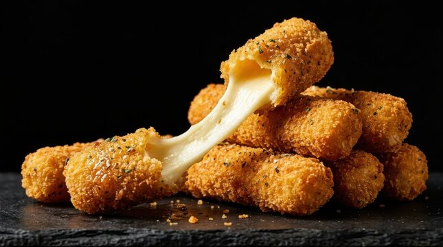 Crispy breaded mozzarella cheese sticks with melted cheese pull