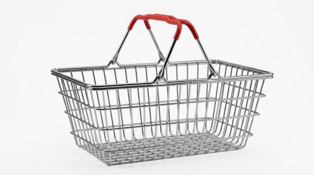 Empty metal shopping basket with red handles isolated on white background