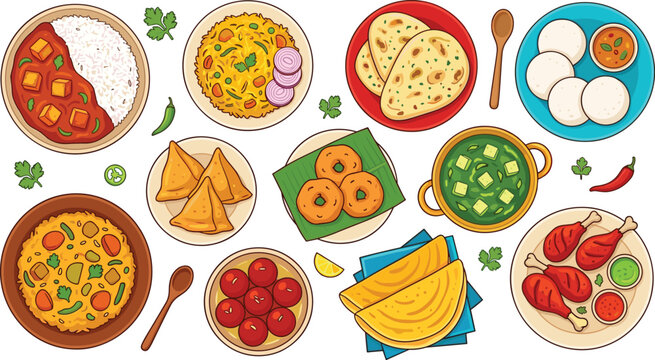 Traditional Indian Food Vector Illustration Set with Biryani Naan Curry Samosa Dosa Gulab Jamun and Tandoori Chicken Dishes