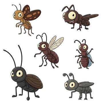 Collection of cute cartoon insects and beetles on white