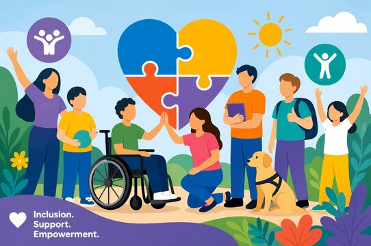 Developmental Disabilities Inclusion Support and Empowerment Concept Infographic, Special Needs Community Illustration