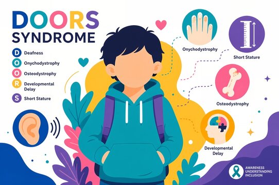 DOORS Syndrome Medical Infographic, Rare Genetic Condition Symptoms Acronym and Pediatric Patient Illustration