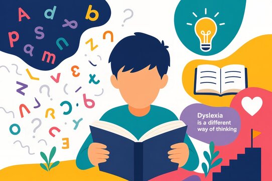 Dyslexia Awareness Concept Infographic, Child Reading Book with Jumbled Letters Illustration
