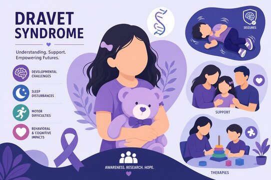 Dravet Syndrome Medical Infographic, Rare Genetic Epilepsy Symptoms and Child Patient Support Illustration