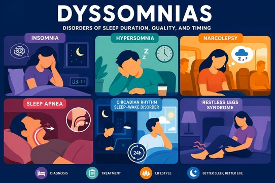 Dyssomnias Sleep Disorders Infographic, Insomnia Hypersomnia Narcolepsy Sleep Apnea and Restless Legs Syndrome Illustration