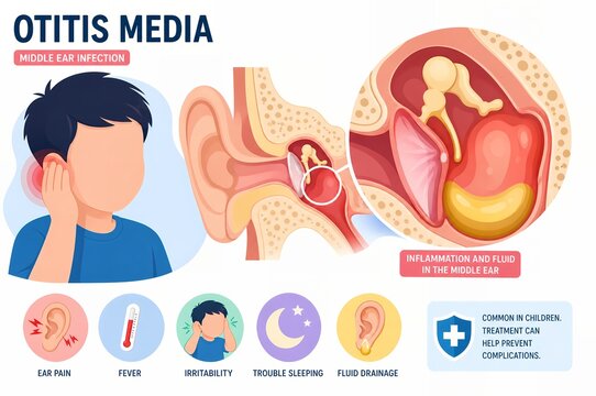 Otitis Media Medical Infographic, Middle Ear Infection Symptoms and Pediatric Anatomy Cross Section Illustration