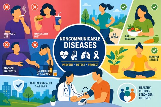 Noncommunicable Diseases Prevention Medical Infographic, Chronic Illness Risk Factors and Healthy Lifestyle Illustration
