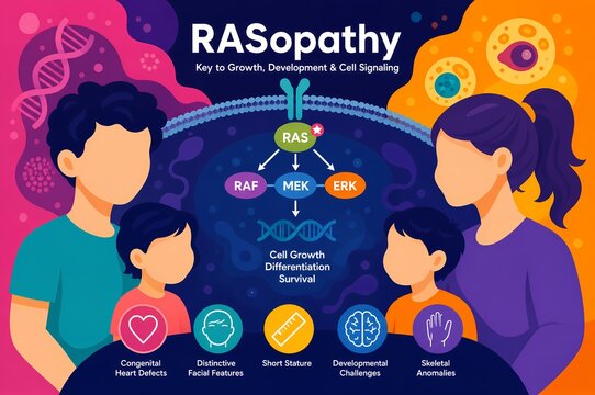 RASopathy Medical Infographic, Rare Genetic Syndrome Cell Signaling Pathway and Family Illustration