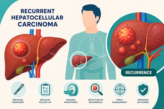 Recurrent Hepatocellular Carcinoma Medical Infographic, Liver Cancer Recurrence Anatomy and Oncology Illustration