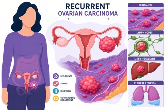 Recurrent Ovarian Carcinoma Medical Infographic, Ovarian Cancer Metastasis Sites and Gynecology Illustration