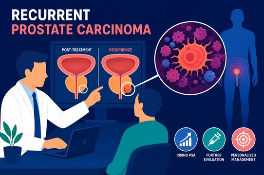 Recurrent Prostate Carcinoma Medical Infographic, Prostate Cancer Return Anatomy and Urologist Consultation Illustration
