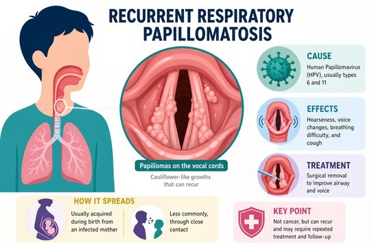 Recurrent Respiratory Papillomatosis Medical Infographic, RRP Vocal Cord Tumors HPV Infection Illustration