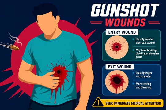Gunshot Wounds First Aid Medical Infographic, Entry and Exit Wound Characteristics Illustration