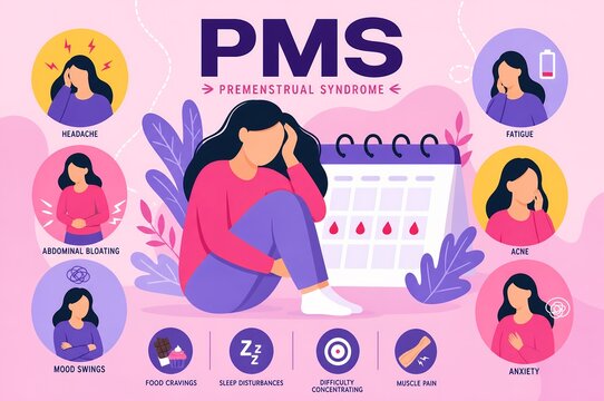 PMS Premenstrual Syndrome Medical Infographic, Women Health Symptoms and Menstrual Calendar Illustration