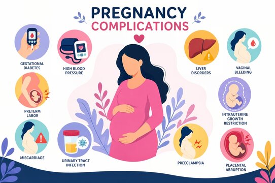 Pregnancy Complications Medical Infographic, Maternal Health Risks and Prenatal Care Symptoms Illustration
