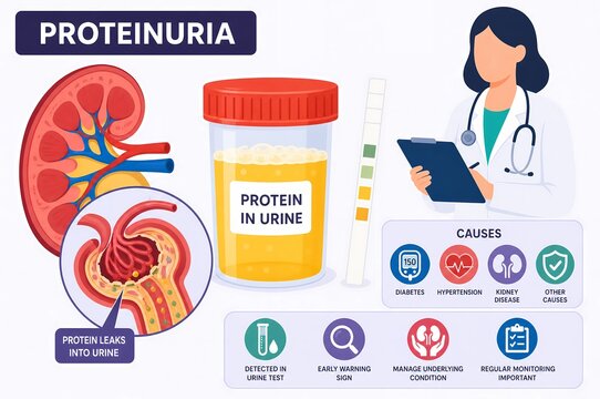 Proteinuria Medical Infographic, Protein in Urine Kidney Anatomy Causes and Doctor Illustration