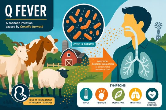Q Fever Medical Infographic, Coxiella Burnetii Zoonotic Infection Transmission and Symptoms Illustration