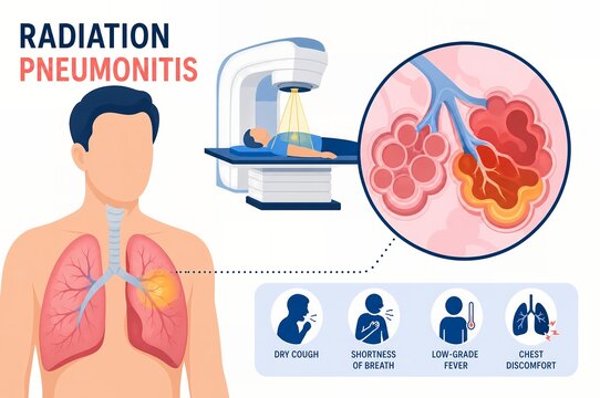 Radiation Pneumonitis Medical Infographic, Lung Cancer Radiotherapy Side Effects and Alveoli Anatomy Illustration