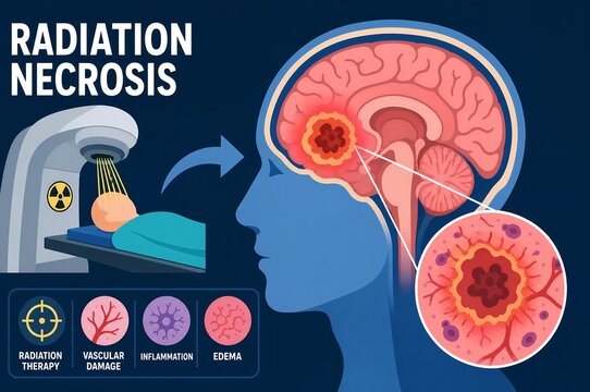 Radiation Necrosis Medical Infographic, Brain Tumor Radiotherapy Complications and Histology Illustration