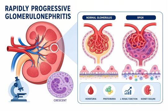 Rapidly Progressive Glomerulonephritis Medical Infographic, RPGN Crescentic Glomerulonephritis Kidney Anatomy Illustration