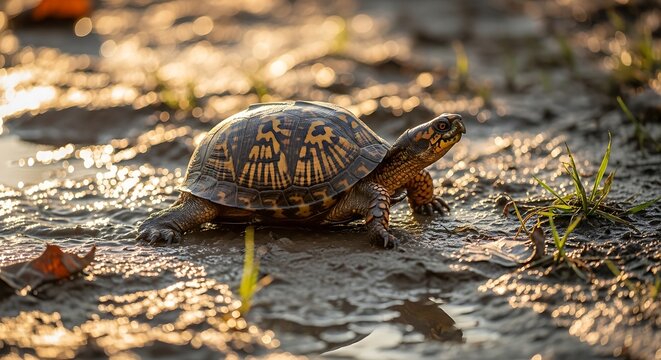 Eastern box turtle crawling across muddy ground at sunset