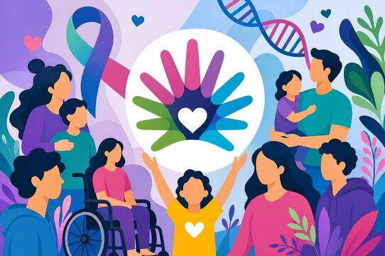 Rare Diseases Awareness Concept Infographic, Diverse Special Needs Patient Community Support Illustration