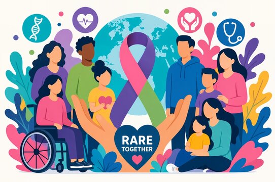 Rare Diseases Awareness Concept Infographic, Diverse Special Needs Patient Community Rare Together Support Illustration