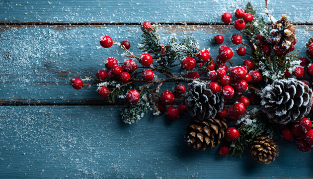 A winter scene with red beads, pins, and a blue background is provided for decorating f&ecirc;tes.